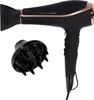 A black hairdryer with rose gold accents and a diffuser attachment on a white background. Podgląd zdjęcia produktu