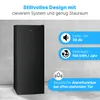 A black refrigerator is shown against a gray and white background, with marketing text and icons on the right side. Produktbild-Vorschau