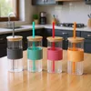 4er Set Glas mit Deckel 400ml Bunt Strohhalm Bambusdeckel Produktbild-Vorschau 4