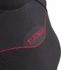 A close-up view of a dark grey fabric with a red logo and red stitching. Produktbild-Vorschau