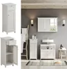 A collage of bathroom furniture, including a tall cabinet, a vanity with a sink, and a medicine cabinet, arranged in a staged bathroom setting. Podgląd zdjęcia produktu