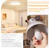 A collage showing a bedroom with a ceiling light, a close-up of a hand holding an LED bulb, and text about energy saving and incandescent bulbs. Produktbild-Vorschau