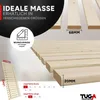 Close-up view of wooden slats, with text overlays and graphics indicating dimensions and features. Produktbild-Vorschau