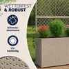 A planter with plants and a trellis, with marketing text and icons on the left. Voir les images du produit