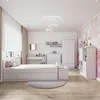 A clean, modern bedroom with a white bed, desk, and wardrobe, decorated with a pink floral wallpaper. Produktbild-Vorschau