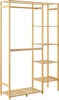 A wooden garment rack with shelves against a white background. Produktbild-Vorschau