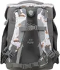 The back view of a grey school backpack with a leopard print pattern on the straps and top. Náhled obrázku produktu