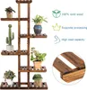 A wooden plant stand with multiple shelves holding various potted plants, set against a white background. To the right are marketing icons and text describing the product's features. Produktbild-Vorschau
