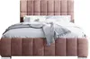 A pink upholstered bed with white bedding and a gray throw blanket, presented on a white background. Produktbild-Vorschau