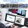 A person is using a laptop with two additional monitors attached, displaying various content. Produktbild-Vorschau