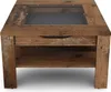 A square coffee table with a wooden frame and a glass top, featuring a drawer and an open shelf underneath. Náhled obrázku produktu