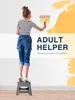 A woman is painting a wall while standing on a step stool. Text overlays are present. Produktbild-Vorschau