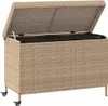 An open garden storage chest made of poly rattan with wheels. Podgląd zdjęcia produktu