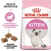 A bag of Royal Canin Kitten cat food with some kibble shown next to it. Produktbild-Vorschau