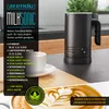 An advertisement for a milk frother, showing the product alongside a cup of coffee and latte art. Náhled obrázku produktu
