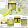 An outdoor children's play structure with a slide and swing, set in a grassy yard with a house in the background. Multiple inset images highlight product features. Produktbild-Vorschau