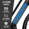 Close-up of an e-bike battery pack with text and icons detailing its specifications. Produktbild-Vorschau