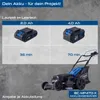 A graphic displaying information about battery runtimes for a lawnmower, with images of batteries and a lawnmower. Produktbild-Vorschau
