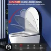 A toilet lid is shown in the process of closing slowly, with text overlay describing its soft-close feature. Produktbild-Vorschau
