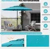 A turquoise patio umbrella is shown on a balcony with chairs and a table. Podgląd zdjęcia produktu