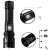 A black LED flashlight with close-up views showing its features and a diagram illustrating its charging capabilities. Anteprima dell’immagine prodotto