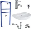 A collection of bathroom fixtures including a sink, faucet, mounting frame, siphon, and valve, arranged against a white background. Produktbild-Vorschau