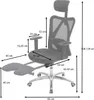 A diagram showing the dimensions of an ergonomic office chair with a footrest. Voir les images du produit