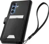 A black wallet-style phone case with a card slot and a wrist strap, shown from a diagonal angle. Produktbild-Vorschau