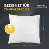 A white pillow insert is shown against a dark gray background, with text overlays and measurement indicators. Produktbild-Vorschau