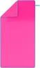 A folded pink microfiber towel with a blue trim and a blue loop on the side, laid flat against a white background. Produktbild-Vorschau