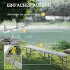An outdoor scene with a lake and grassy area, showing the assembly steps for a folding bench. Produktbild-Vorschau