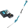 A cordless hedge trimmer, battery, and charger are displayed against a white background. Produktbild-Vorschau