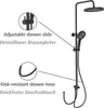 A black shower system with callouts highlighting its features. Produktbild-Vorschau