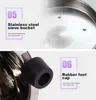 Close-up shots of a stainless steel sieve bucket and a rubber foot cap, with text highlighting features. Produktbild-Vorschau