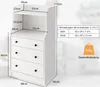 A diagram showing the dimensions of a white dresser with three drawers and a shelf, along with a table detailing drawer sizes and a maximum load capacity. Podgląd zdjęcia produktu