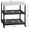 A three-tier shelving unit with a stainless steel top shelf and two perforated black shelves, shown with dimensions indicated. Produktbild-Vorschau