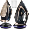 A cordless steam iron and its accessories are displayed against a white background. Produktbild-Vorschau