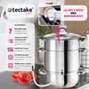 A multi-part collage showcasing a steaming pot and its features, with text overlays and product benefits highlighted. The main part of the image features a stainless steel steaming pot with two tiers, a base pot, and a glass lid. On the left, there's a lis Náhled obrázku produktu
