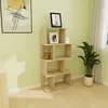 A wooden bookshelf with decorative items and framed pictures in a room with light green walls and a wooden floor. Produktbild-Vorschau