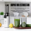 A juicer with two glasses of juice and some produce, with promotional text. Produktbild-Vorschau