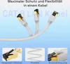 Three CAT 8 LAN cables with RJ45 connectors are shown, with close-up images highlighting features. Produktbild-Vorschau
