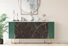 A sideboard with a marble-patterned front and green sides, decorated with vases and decorative objects, placed against a plain wall. Náhled obrázku produktu