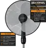 A close-up of a black standing fan with marketing text overlays. Voir les images du produit