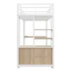 A white metal loft bed with wooden shelves and cabinet doors, shown from the front against a white background. Voir les images du produit