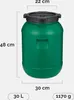 A green plastic barrel with a black lid, shown with dimensions and capacity indicated by text overlays. Produktbild-Vorschau
