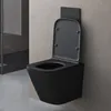 A modern black wall-mounted toilet with the lid open, set against a textured gray wall. Produktbild-Vorschau
