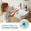 A young girl is washing her hands at a modern white sink, with a close-up inset showing water draining. Voir les images du produit