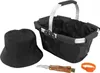 A collection of items for mushroom picking, including a basket, hat, knife, and wristband. Podgląd zdjęcia produktu