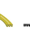 A yellow V-belt with text on it is shown on the left, and a black toothed belt is shown on the right. Produktbild-Vorschau