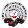 A collage of power tools and batteries arranged in concentric circles, with two batteries in the foreground. Produktbild-Vorschau